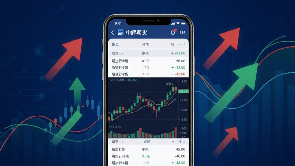 中辉期货手机APP主界面展示,画面中央是一部竖屏智能手机,屏幕内显示期货行情列表与K线图,背景为深蓝色金融科技风格,周围点缀红绿涨跌箭头与数据曲线,整体采用扁平化商务插画风格,细节清晰,画质干净,无多余元素