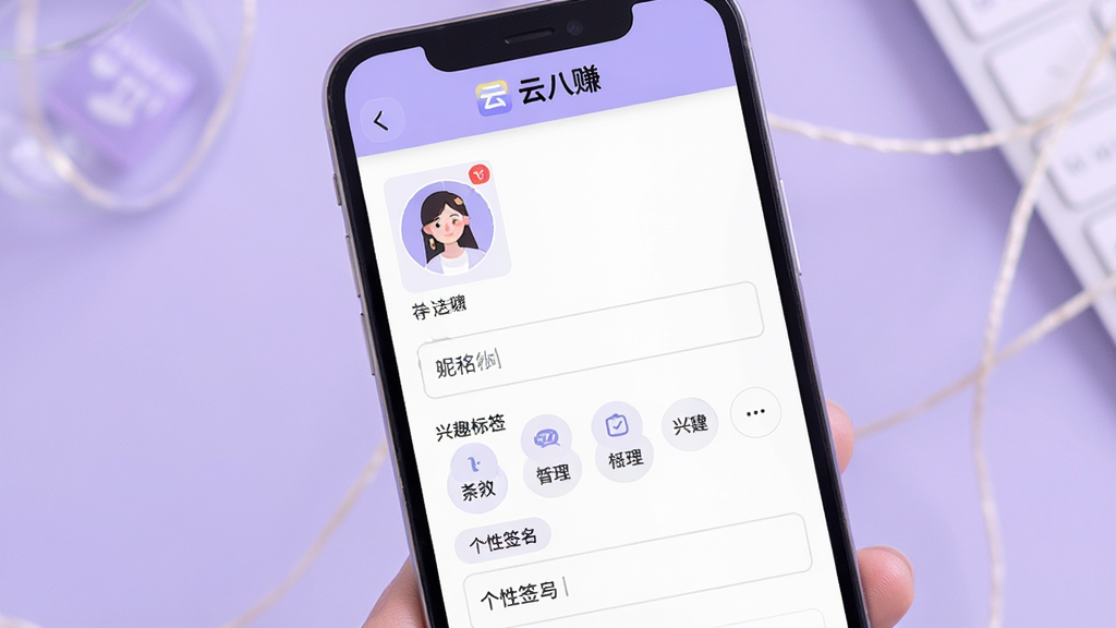 一张展示“云八赚”个人主页编辑界面的图片,画面为手机屏幕竖版特写,屏幕内显示头像上传区域、昵称输入框、兴趣标签选择区和个性签名栏,顶部有“云八赚”标识,背景为淡紫色柔和色调,风格简约时尚,画质细腻