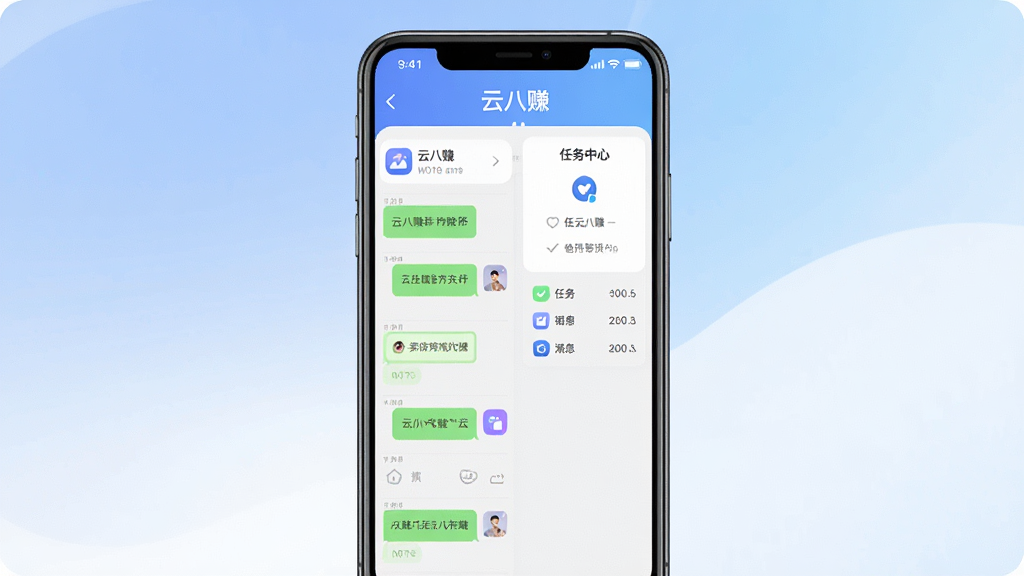 一张展示“云八赚”软件主界面的手机截图风格图片,画面中央是一部竖屏智能手机,屏幕内显示聊天列表与任务中心双板块布局,顶部有“云八赚”文字标识,背景为柔和的蓝白渐变色调,界面图标圆润简洁,整体风格干净现代,画质清晰,无多余元素