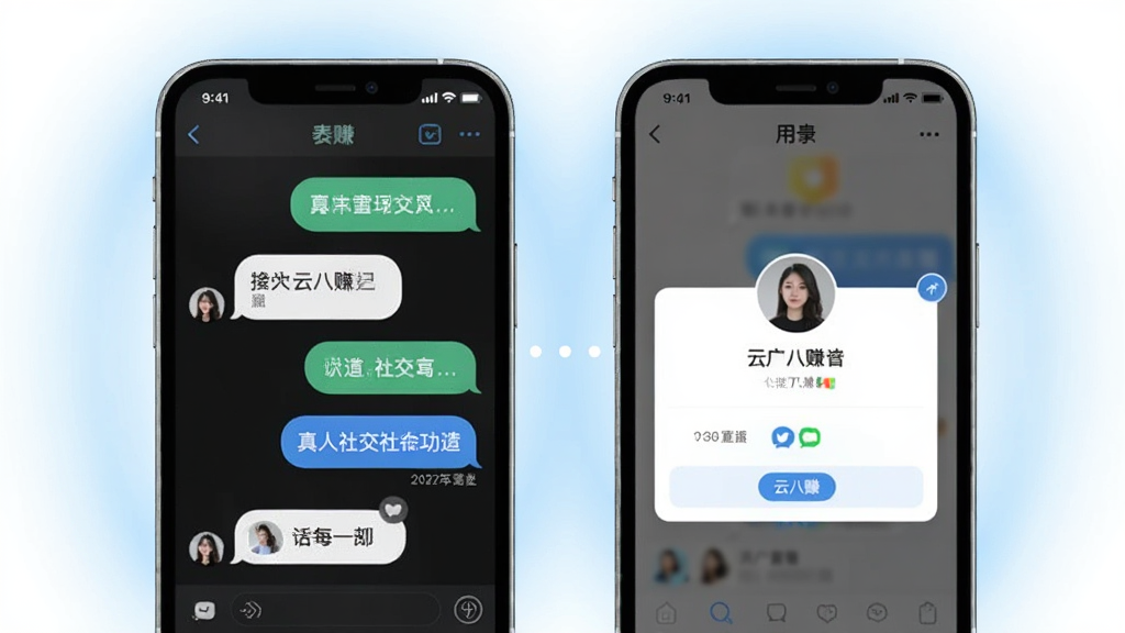 一张表现“云八赚”真人社交聊天功能的图片,画面中两部手机并排展示,左边手机显示聊天对话气泡,右边手机显示用户个人资料卡片,背景有淡蓝色光晕,风格清新简洁,画质干净,突出社交互动氛围