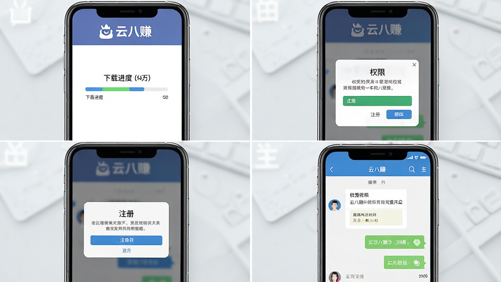一张展示“云八赚”新手安装设置流程的图片,画面为手机屏幕四格分镜,分别显示下载进度条、权限开启弹窗、注册页面和聊天主界面,顶部有“云八赚”标识,背景为浅灰色简洁风格,画质清晰,布局整齐