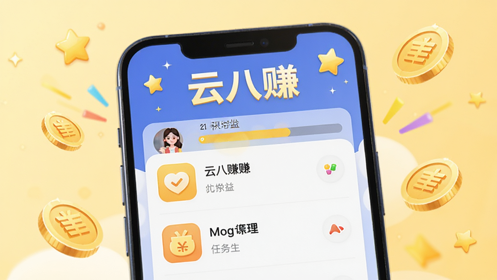 一张展示“云八赚”任务收益界面的图片,画面中央为手机屏幕特写,屏幕内显示任务列表与积分进度条,顶部有“云八赚”字样,周围点缀金币与星星图标,背景为浅黄色温暖色调,风格活泼明快,画质清晰,无杂乱元素