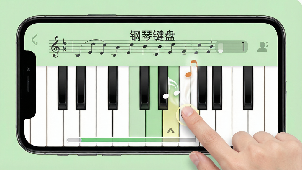 钢琴键盘应用内的教学界面,手机屏幕显示五线谱与高亮琴键提示,一只手指正点击正确的琴键,背景为柔和的浅绿色,布局简洁清晰,风格教育类,细节包括音符飘动效果与进度条,画质高清干净,画面中有文字“钢琴键盘”