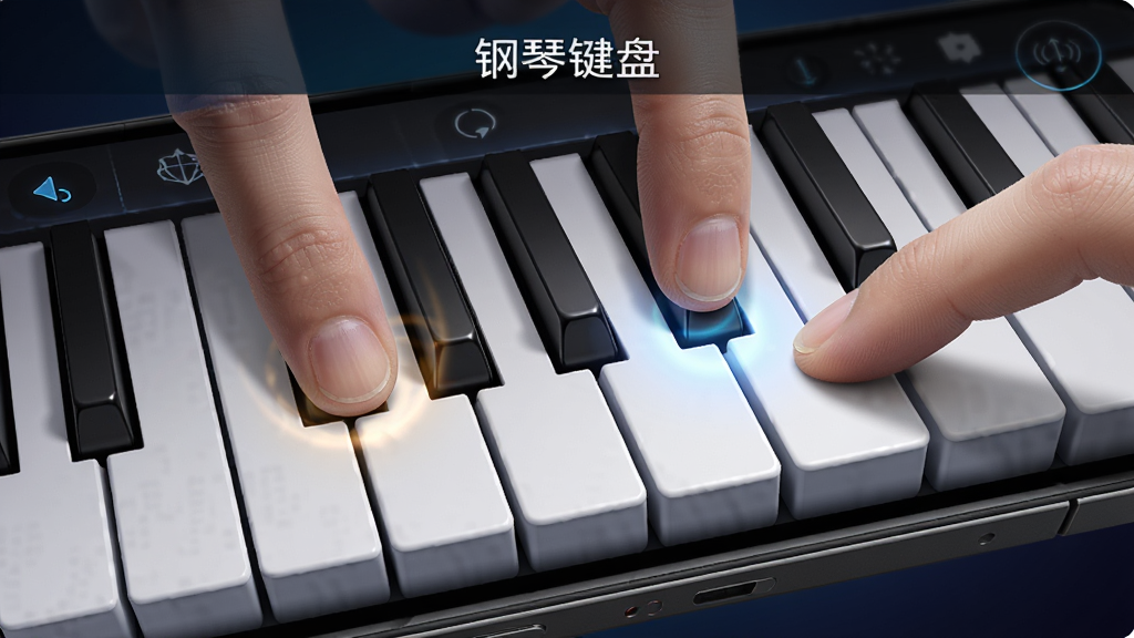 一部手机屏幕特写,显示钢琴键盘应用的多点触控演奏场景,多根手指同时按下不同琴键,琴键呈现按下的立体效果,背景为深色渐变,风格科技感强,细节包括指尖与琴键接触的光影变化,画质高清干净,画面中有文字“钢琴键盘”
