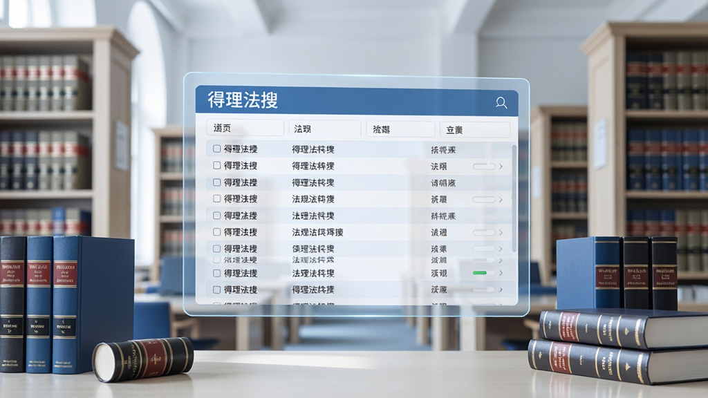画面展示一个明亮的法律图书馆场景,中央悬浮一块半透明数字屏幕,屏幕上显示得理法搜的法规检索结果列表,周围环绕法律书籍和法典,风格专业严谨,色调以蓝色和白色为主,细节丰富,画质清晰,无多余元素