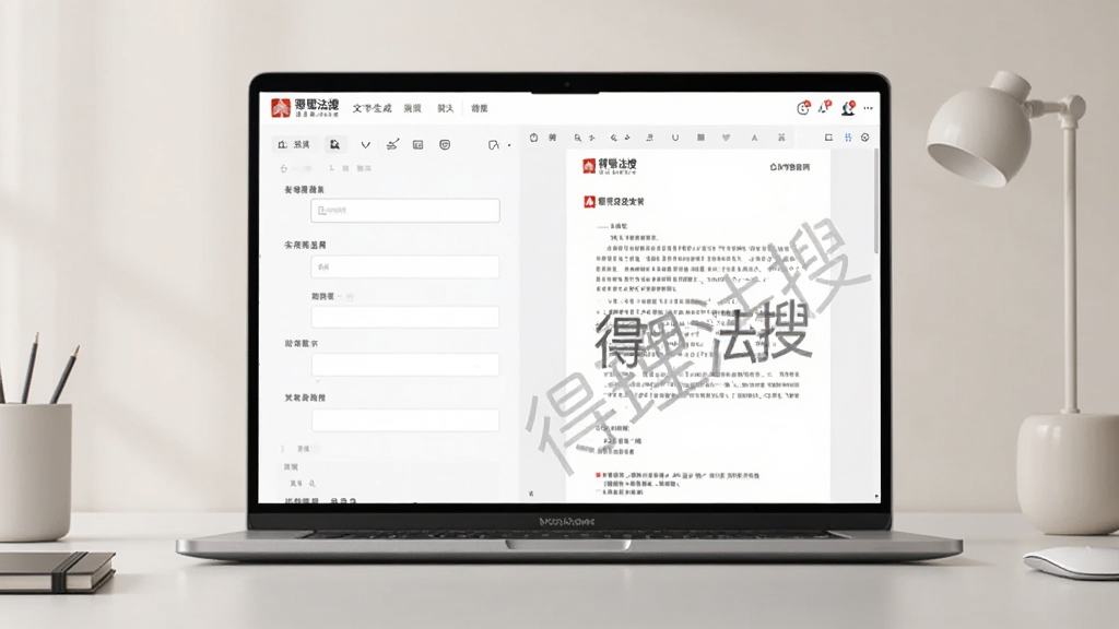 画面展示一台笔记本电脑屏幕,屏幕上显示得理法搜的文书生成界面,左侧为表单填写区域,右侧为自动生成的合同文档预览,文档上有得理法搜水印标识,桌面整洁,风格现代办公,色调柔和,画质清晰,无多余元素
