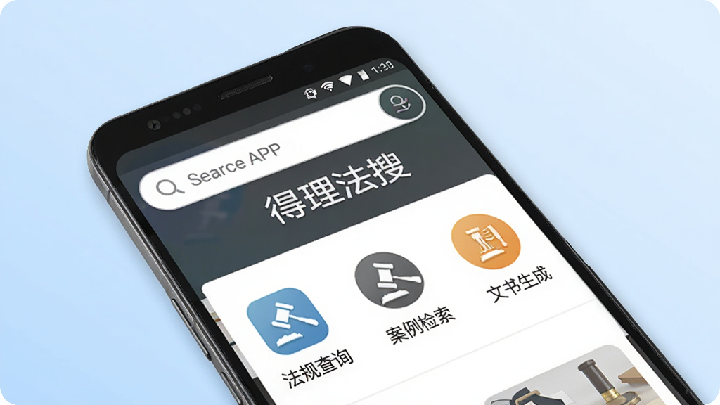 画面中央展示一部安卓手机,手机屏幕上显示得理法搜APP的首页界面,顶部有搜索框和得理法搜文字标识,下方排列法规查询、案例检索、文书生成等功能入口图标,背景为浅蓝色渐变,整体风格简洁商务,细节清晰,画质干净,无多余元素