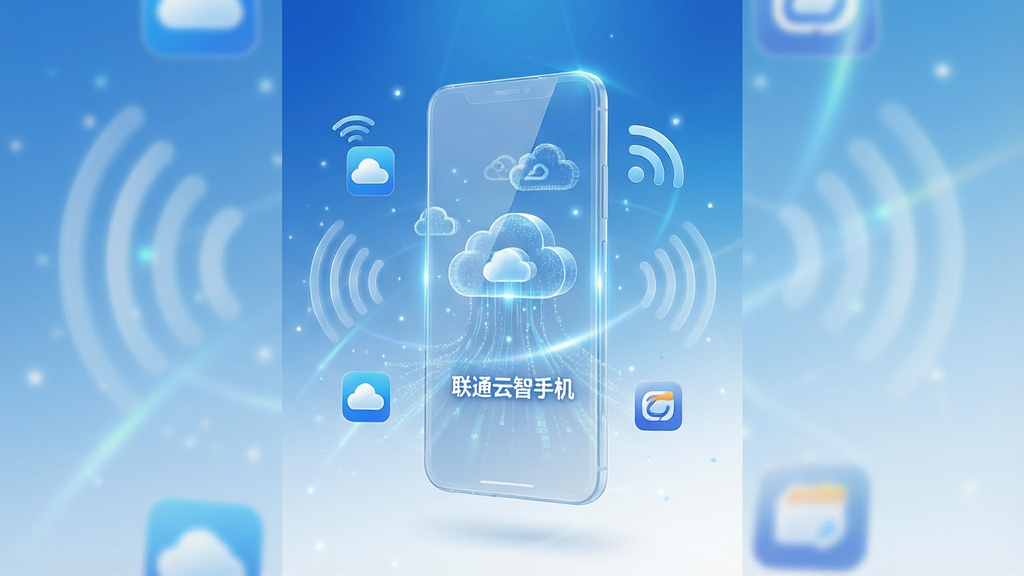 一张展示联通云智手机核心全貌的竖版宣传图,画面中央是一台悬浮在空中的半透明智能手机,屏幕内显示着云朵与数据流图案,手机四周环绕着多个应用图标和信号波纹,背景为蓝白渐变科技风,主体突出,布局居中对称,风格简洁现代,细节包含云纹、光线折射与轻微粒子效果,画质高清,干净,无多余元素,图中文字为“联通云智手机”