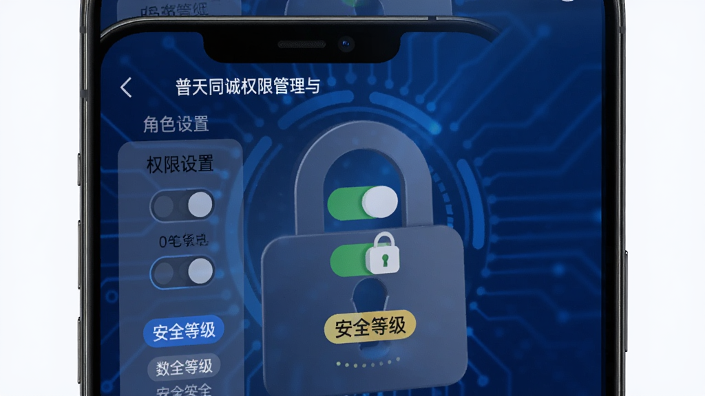 普天同诚权限管理与数据安全功能展示,手机屏幕中显示角色设置界面和加密锁图标,背景为深蓝色渐变科技风,细节包含权限开关、安全等级标签,画质清晰,干净无多余元素