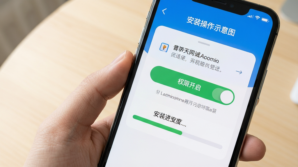 普天同诚新手安装设置操作示意图,手机屏幕中显示权限开启界面和安装进度条,背景为简洁的浅色桌面,风格明快清晰,细节包含权限开关按钮和提示文字,画质干净,无多余装饰