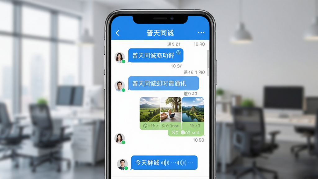 普天同诚即时通讯功能展示,手机屏幕中呈现群聊对话界面,包含文字气泡、图片缩略图、语音条,界面配色为蓝白商务风,背景为模糊的办公室场景,细节有已读标记和发送时间,画质清晰,干净无杂乱元素