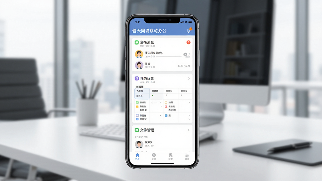 普天同诚移动办公应用界面全貌展示,手机屏幕中显示主功能区,包含消息列表、任务看板、文件管理三个模块,背景为现代简约办公桌面,风格清爽商务,细节包含通知角标、用户头像、时间戳,画质清晰干净,无多余元素