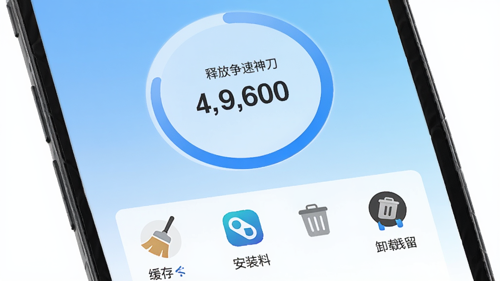 手机争速神刀内存清理功能界面,屏幕中央是一个圆形清理进度环,环内显示释放的存储空间数字,下方列出可清理的垃圾类别图标,包括缓存、安装包、卸载残留,背景为浅蓝色渐变,风格为清新简约,细节包括扫把图标、垃圾桶图标,画质高清,画面干净,无多余元素