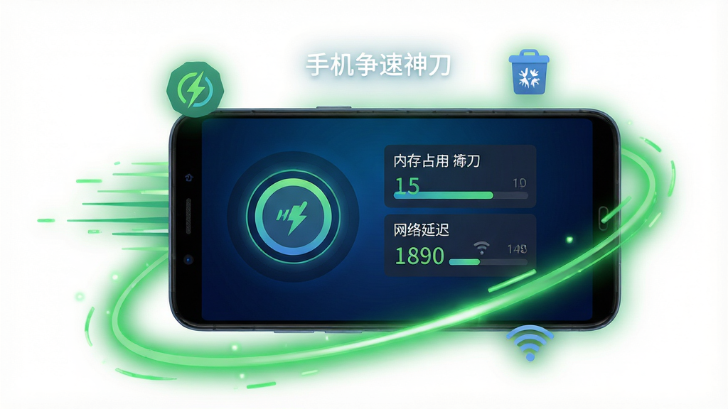 一部安卓智能手机屏幕中央显示“手机争速神刀”软件主界面,界面左侧是圆形加速按钮,右侧是内存占用与网络延迟数据面板,背景为深蓝色科技感渐变,手机周围环绕绿色光效与速度线条,布局居中对称,风格为扁平化科技风,细节包括悬浮的加速图标、清理垃圾图标、WiFi信号图标,画质高清,画面干净,无多余元素