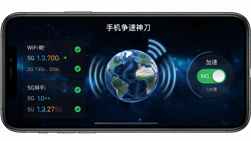 手机屏幕显示“手机争速神刀”网络加速界面,中间是一个动态旋转的地球与信号波纹,左侧列表展示WiFi和5G网络延迟对比,右侧是加速开关按钮,背景为深色星空,风格为科技写实,细节包括跳动的延迟数字、绿色对勾图标,画质高清,画面干净,无多余元素
