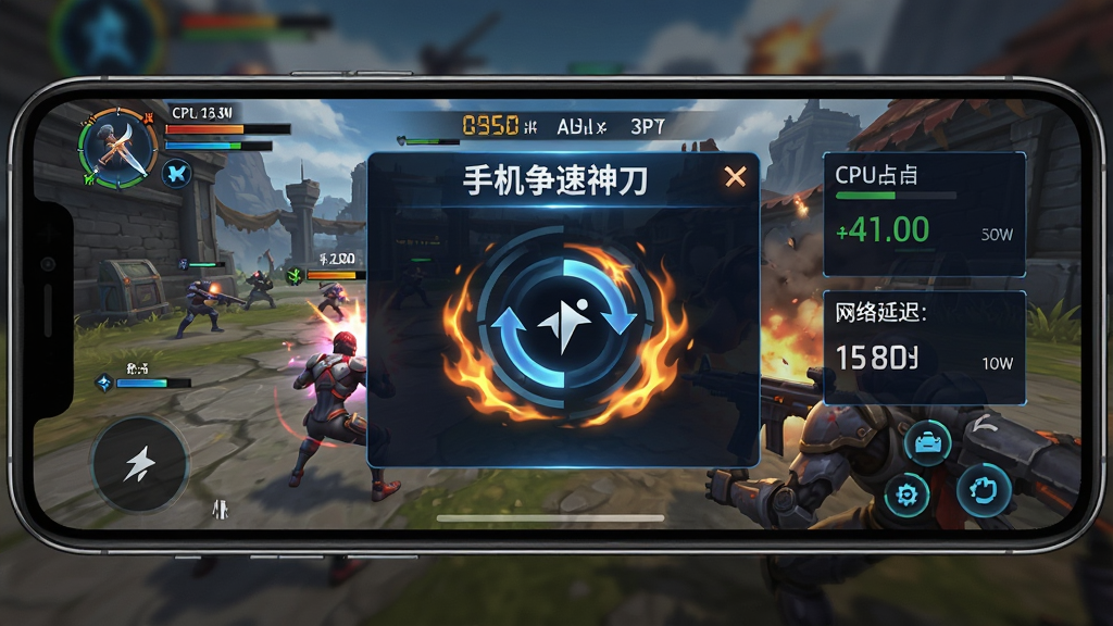 手机横屏显示游戏加速界面,屏幕中央是“手机争速神刀”游戏加速悬浮窗,左侧为游戏画面,右侧显示CPU占用率与网络延迟数据,背景为游戏战场场景,风格为电竞科技风,细节包括加速中的旋转图标、火焰特效、帧率数字,画质高清,画面干净,无多余元素