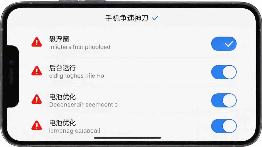 手机争速神刀新手设置界面,屏幕显示权限管理列表,包括悬浮窗、后台运行、电池优化等开关,背景为白色简洁风格,细节包括红色警告图标、蓝色对勾图标、灰色说明文字,画质高清,画面干净,无多余元素