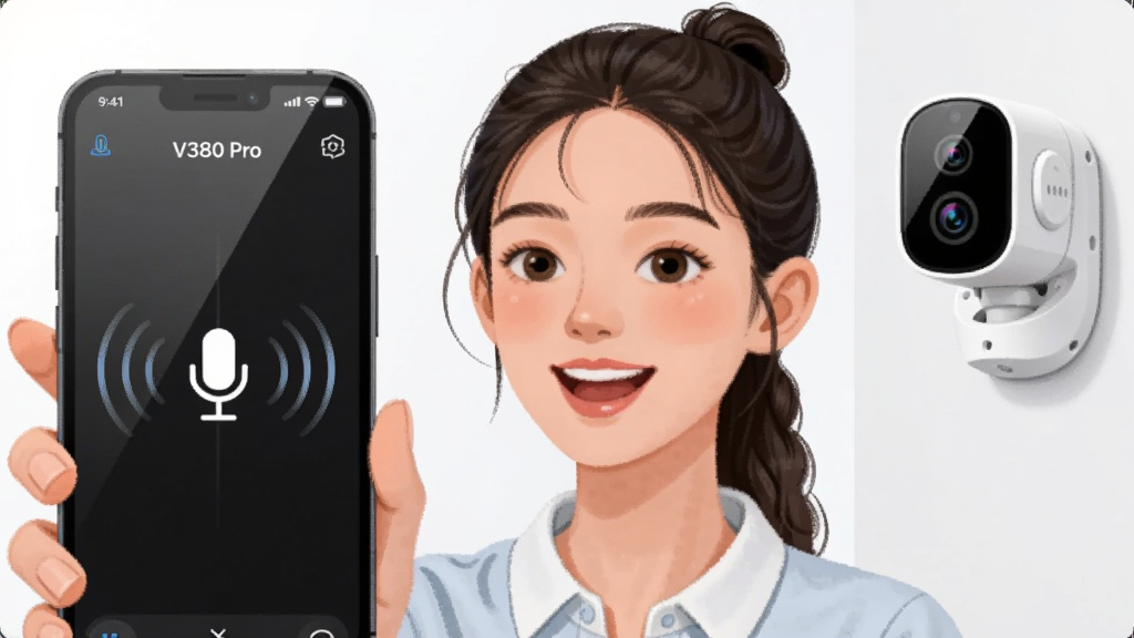 ��������Ϊһλ����Ů�������ֻ�΢Ц˵�����ֻ���Ļ��ʾV380 Pro�Խ����棬��Ļ����һ����˷�ͼ���������ɢ�����������Ҳ���һ����װ��ǽ�ϵ�����ͷ�豸�����ֲ������ҶԳƹ�ͼ�����Ϊ�������²廭���ϸ����Ů�Ա�����Ȼ���У��ֻ���Ļ����΢���⣬�����д���