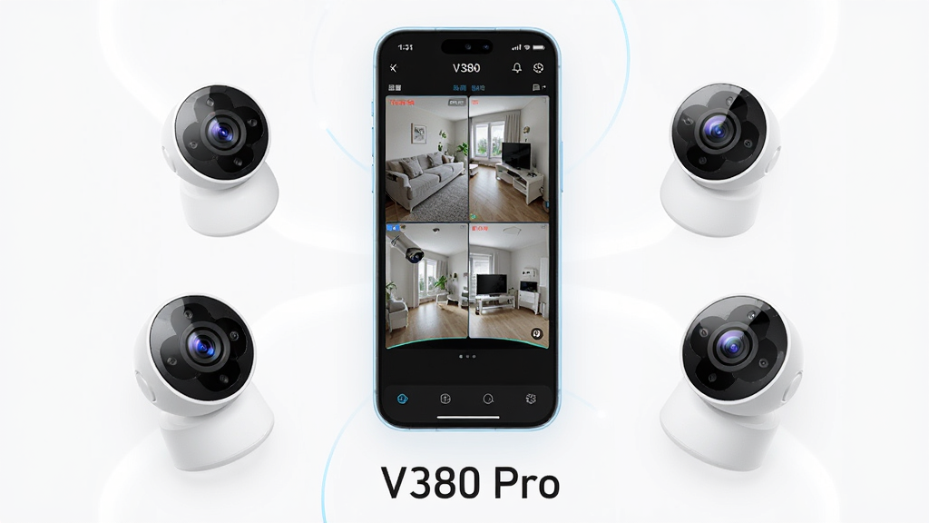 ��������Ϊһ�������ֻ������ڻ������룬�ֻ���Ļ����ʾV380 Pro�����ļ�ػ�����棬���������ĸ���������չʾ��ͬ�Ƕȵ�����ͷʵʱ���棬�ֻ���Χ����������С����������ͷ�豸�����ֲ������ķ���ʽ��ͼ�������Ű������򣬷��Ϊ�ִ��Ƽ���UIչʾ���ϸ�����ֻ��߿�����΢���Σ�����ͷ��ͷ���������ɼ����������·���
