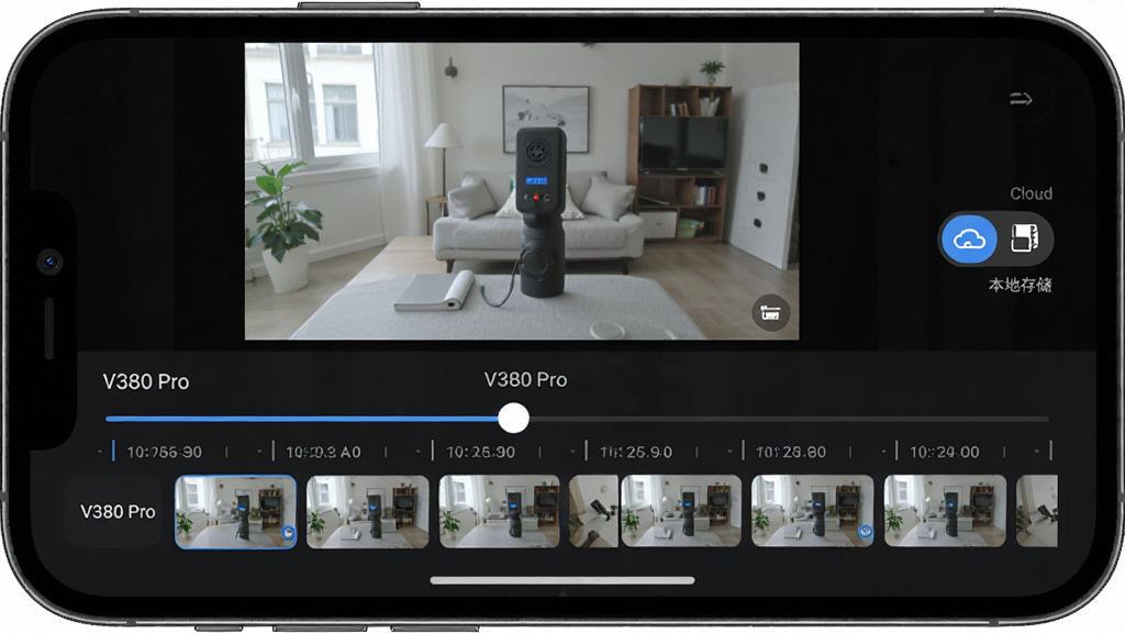 ��������Ϊ�ֻ���ĻչʾV380 Pro¼��طŽ��棬��Ļ������ʱ���Ử��Ͷ��¼��Ƭ������ͼ���Ҳ����ƶ˺ͱ��ش洢��ͼ���л���ť�����ֲ������·ֲ�ṹ���Ϸ�Ϊ����Ԥ�������·�Ϊʱ��������������Ϊ��ɫģʽUIչʾ���ϸ����ʱ�������о�ȷ�����ʱ��̶ȣ�����ͼ�����ɱ棬��������