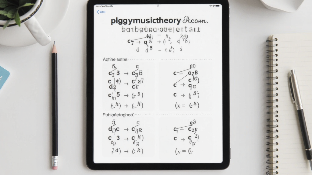 一张展示 plgymusictheory 乐理知识速查功能的图片,画面主体为一台平板电脑,屏幕显示音程与和弦的图表,旁边有铅笔和笔记本,整体布局整洁,风格简约现代,光线明亮,画质清晰,无多余元素