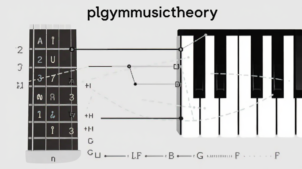 一张展示 plgymusictheory 乐器指法参考功能的图片,画面左侧为吉他指板示意图,右侧为钢琴键盘示意图,中间有连接线条,背景为浅灰色,整体布局对称,风格专业简洁,画质清晰,无多余元素