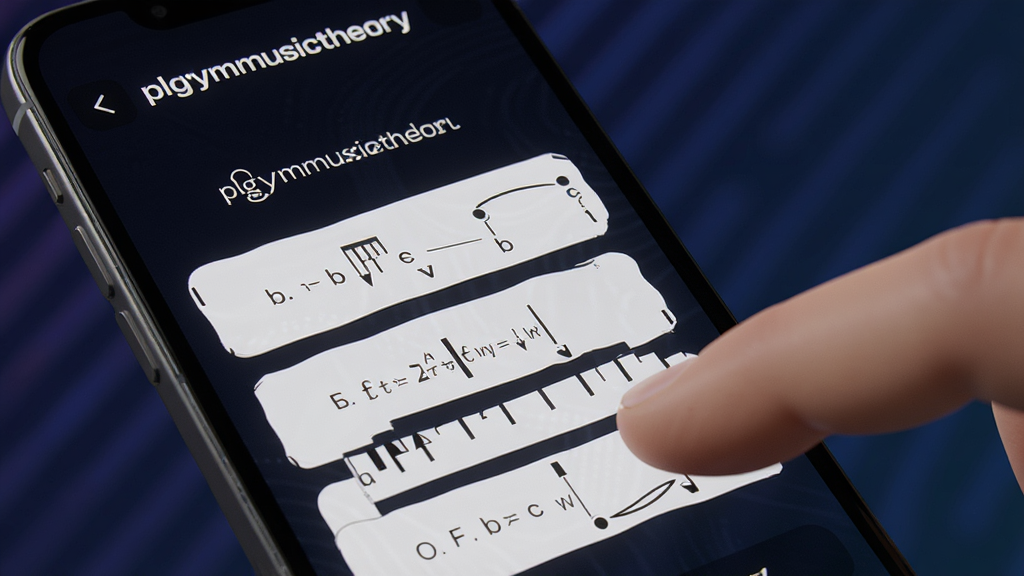 一张展示 plgymusictheory 交互式练习模式的图片,画面为手机屏幕特写,屏幕显示一道音程识别题目与四个选项,背景为深色渐变,手指正在点击屏幕,整体风格科技感十足,画质清晰,无多余元素