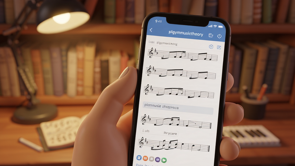 一张展示 plgymusictheory 在手机上运行流畅的图片,画面为一只手握着手机,屏幕显示乐理练习界面,背景为虚化的书房环境,整体风格生活化,光线温暖,画质清晰,无多余元素