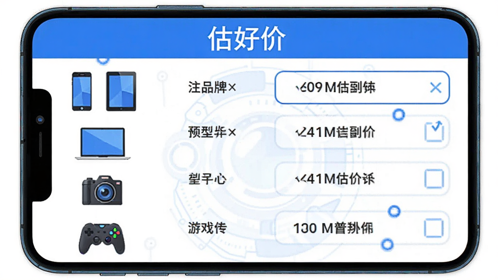 手机屏幕中显示“估好价”多品类估价界面,左侧是手机、平板、笔记本、相机、游戏机等图标垂直排列,右侧是品牌和型号选择列表,屏幕上方有“估好价”文字标识,风格为科技感扁平插画,配色以蓝白为主,细节清晰,画质干净,无多余元素