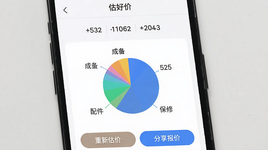 手机屏幕显示“估好价”估价结果页面,顶部有价格区间数字,中间有饼状图展示成色、配件、保修等因素对价格的影响占比,底部有“重新估价”和“分享报价”按钮,背景为白色卡片式布局,风格清爽简约,画质干净,无多余元素