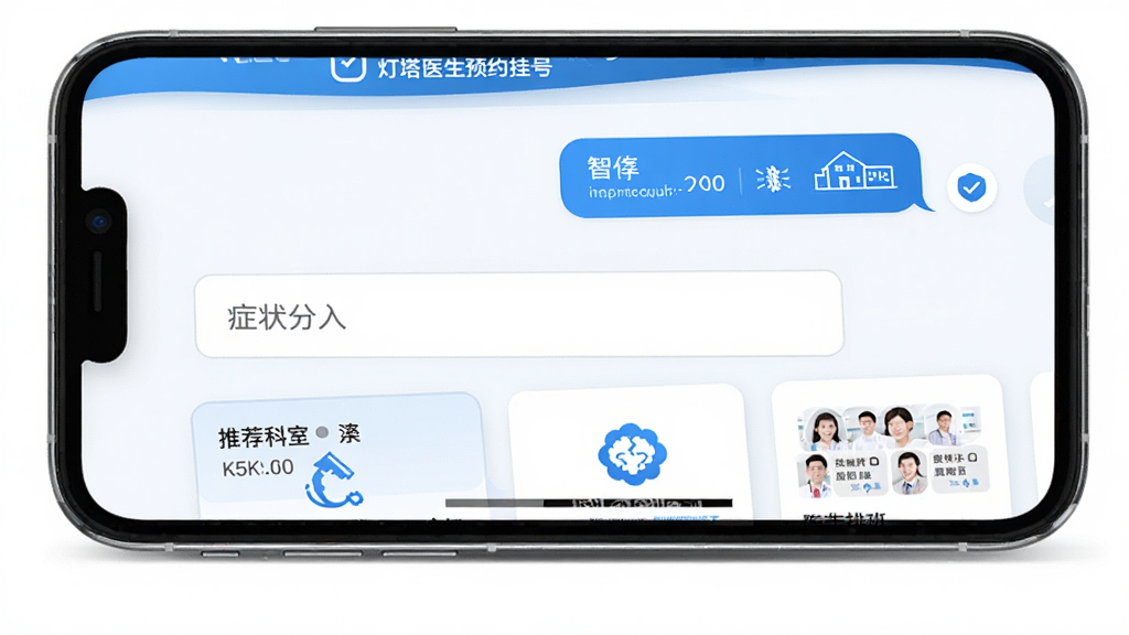 主体为手机屏幕展示智能分诊对话界面,屏幕上方显示“灯塔医生预约挂号”文字标识,下方为症状输入框和推荐科室卡片;布局为上下结构,风格为简约医疗蓝白配色;细节包括对话气泡、科室图标和医生排班缩略图;画质清晰,画面干净,无多余元素。