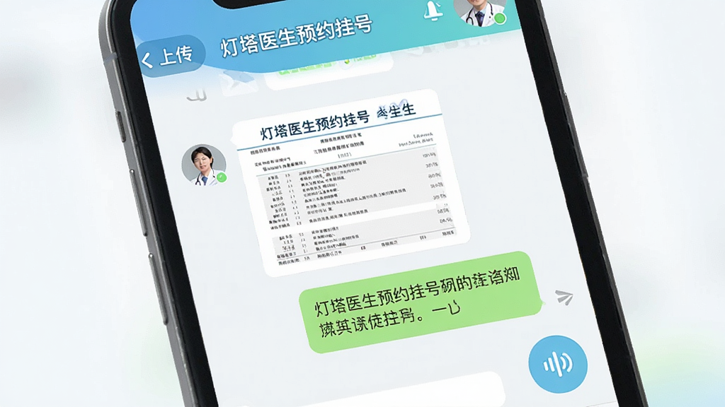 主体为手机屏幕展示在线咨询聊天窗口,窗口顶部显示“灯塔医生预约挂号”和医生姓名,中间为报告图片和文字对话气泡;布局为聊天界面,风格为清新浅色;细节包括上传按钮、语音图标和医生头像;画质清晰,画面干净,无多余元素。