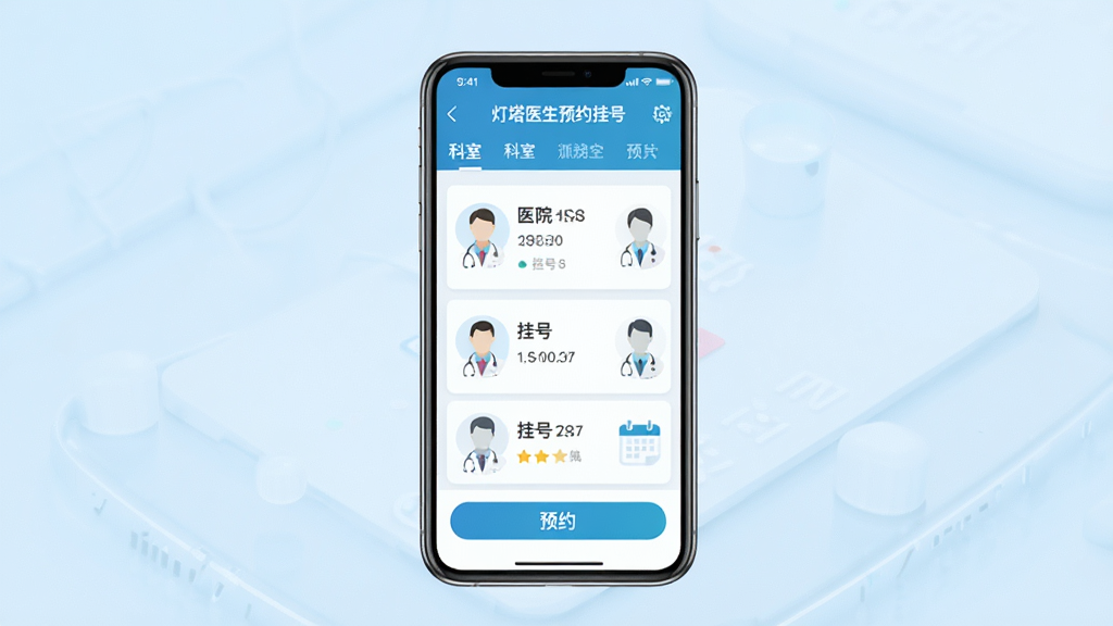 主体为一部智能手机,屏幕中显示“灯塔医生预约挂号”应用界面,界面布局包含医院列表、科室导航和预约按钮;背景为干净的浅蓝色渐变,排版居中,风格为扁平化医疗科技风;细节包括医生头像、挂号卡片和日历图标;画质高清,画面干净,无多余元素。