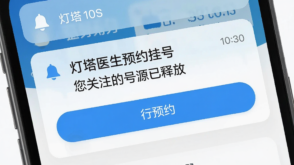 主体为手机通知栏弹出候补提醒卡片,卡片上写有“灯塔医生预约挂号”和“您关注的号源已释放”字样;布局为手机界面局部特写,风格为现代扁平化;细节包括铃铛图标、时间戳和预约按钮;画质高清,画面干净,无多余元素。