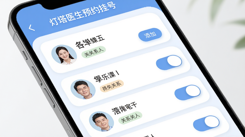 主体为手机屏幕展示家庭成员管理页面,页面顶部有“灯塔医生预约挂号”字样,下方排列多位就诊人卡片,卡片上写有姓名和关系标签;布局为纵向列表,风格为柔和圆角设计;细节包括添加按钮、头像和切换开关;画质高清,画面干净,无多余元素。