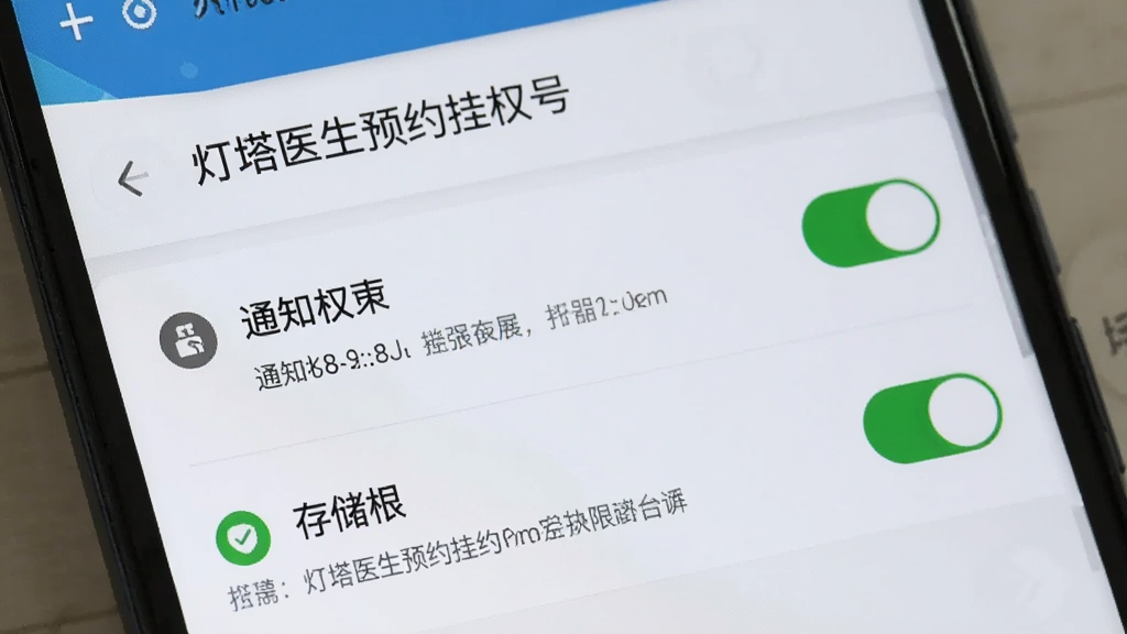 主体为一部安卓手机屏幕显示“灯塔医生预约挂号”权限设置页面,页面中通知权限和存储权限开关处于开启状态;布局为手机设置界面特写,风格为简洁实用;细节包括权限图标、开关按钮和说明文字;画质高清,画面干净,无多余元素。