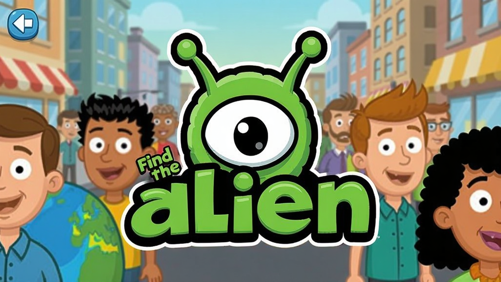 一张手机游戏界面截图风格的插画,画面中央是Find the Alien游戏标志性的卡通外星人角色,它藏在人群中间只露出一只眼睛,周围是色彩鲜艳的卡通地球人角色,背景是城市街道场景,整体风格为美式卡通矢量插画,细节丰富,画质清晰,干净无多余元素