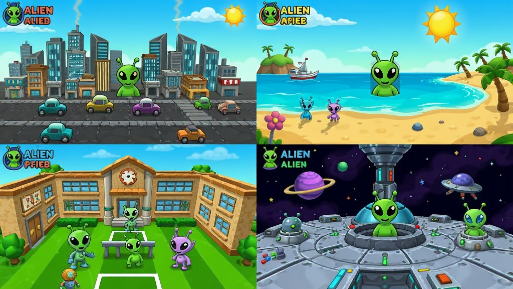 Find the Alien游戏多场景拼贴图,展示城市、海滩、校园和太空站四个主题关卡的游戏画面,每个场景中都有隐藏的外星人等待被发现,画面色彩丰富明快,卡通风格,布局为四宫格排版,画质高清,干净无杂乱元素