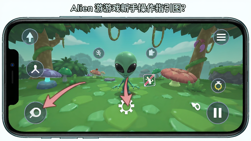 Find the Alien游戏新手操作指引图,画面展示手机屏幕上的游戏界面,用箭头标注出点击寻找、使用道具、暂停菜单等操作区域,风格为简洁UI指示图,配色清新,布局清晰,画质干净