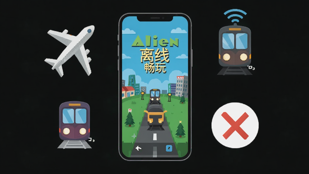 Find the Alien游戏离线模式宣传图,画面中一部手机显示游戏界面,周围环绕飞机、地铁、WiFi关闭图标等元素,表达随时随地离线畅玩的概念,风格为简洁扁平插画,布局居中,画质清晰,干净整洁