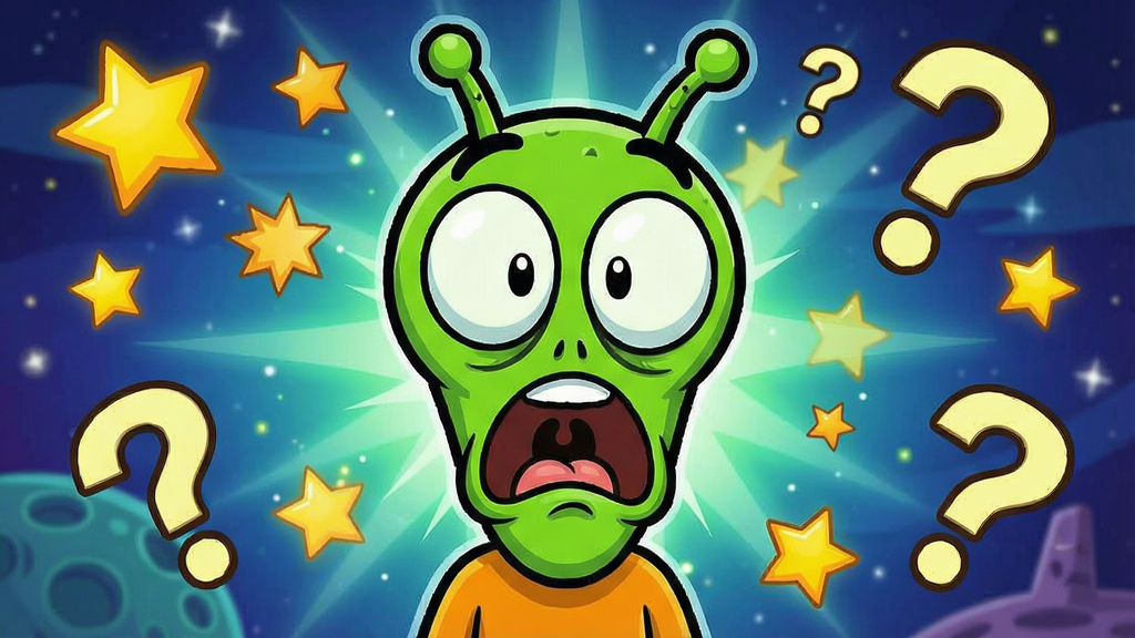 Find the Alien游戏找到外星人瞬间的动画效果图,展示外星人被点击后做出夸张惊讶表情的卡通画面,周围有星星和问号特效,风格为夸张卡通动画风,色彩明亮,画质清晰,干净无多余元素