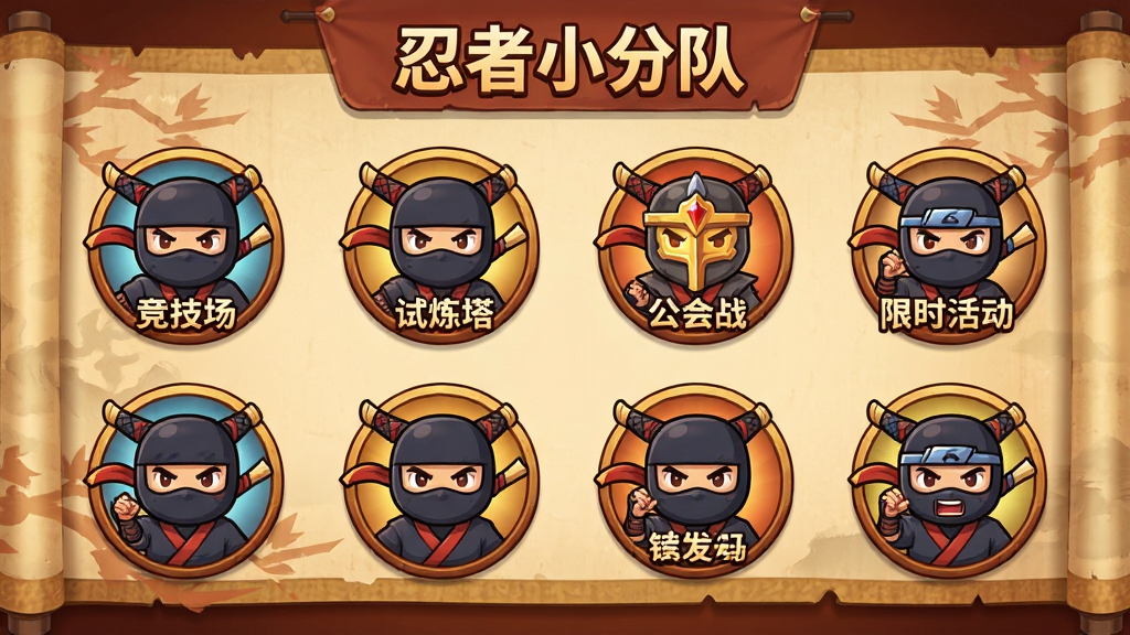 一张游戏玩法模式选择界面的生图,画面以圆形图标阵列布局,每个图标代表一种玩法,包括竞技场、试炼塔、公会战、限时活动等,图标采用卡通忍者元素设计,背景为日式卷轴风格,色调温暖,文字标注“忍者小分队”在画面上方,高清画质,无多余元素