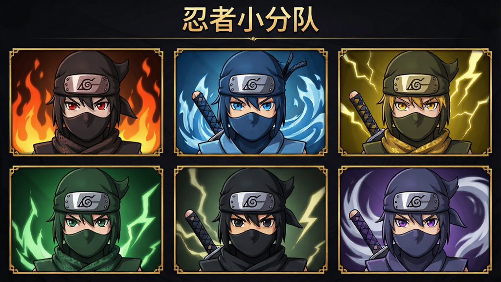 一张游戏角色收集界面的生图,画面呈现九宫格布局,每个格子内是一位不同造型的动漫忍者头像,包含火、水、雷、风等不同属性标识,界面采用深色背景搭配金色边框,风格统一为二次元手游UI风格,画面干净整洁,文字标注“忍者小分队”在顶部,高清画质,无多余元素