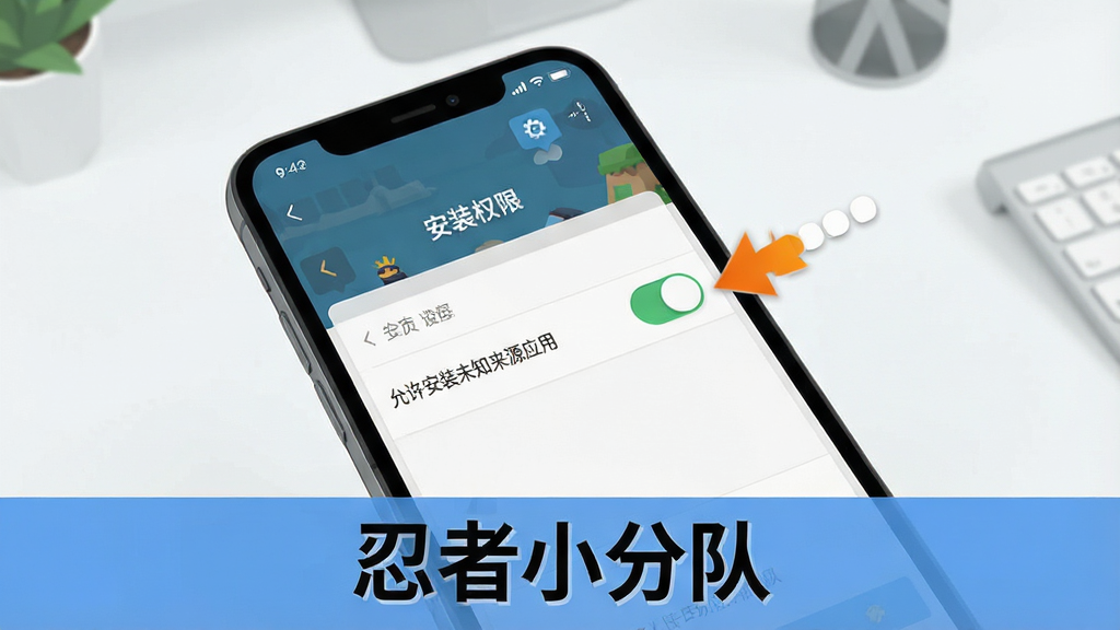 一张手机游戏安装设置界面的生图,画面展示一部智能手机屏幕,屏幕上显示安装权限设置页面,有“允许安装未知来源应用”的开关按钮,旁边有手指标注操作位置,背景是简洁的桌面环境,风格扁平化,文字标注“忍者小分队”在画面下方,高清画质,干净无多余元素