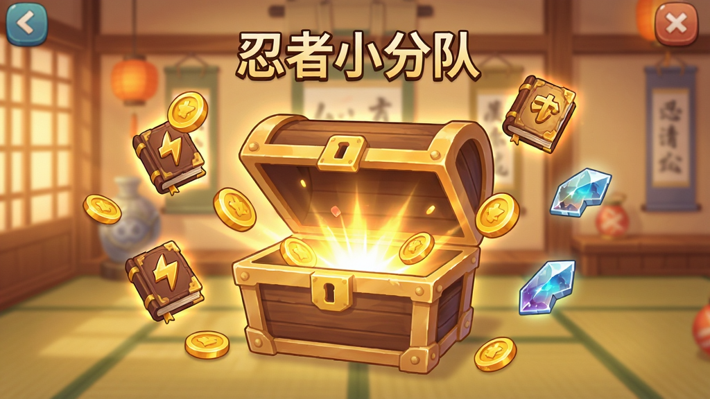一张离线收益领取界面的生图,画面中央是一个宝箱打开的动画效果,周围漂浮着金币、经验书、碎片等资源图标,背景是日式忍者房间,整体风格温馨明亮,二次元手游UI风格,文字标注“忍者小分队”在宝箱上方,高清画质,干净无多余元素