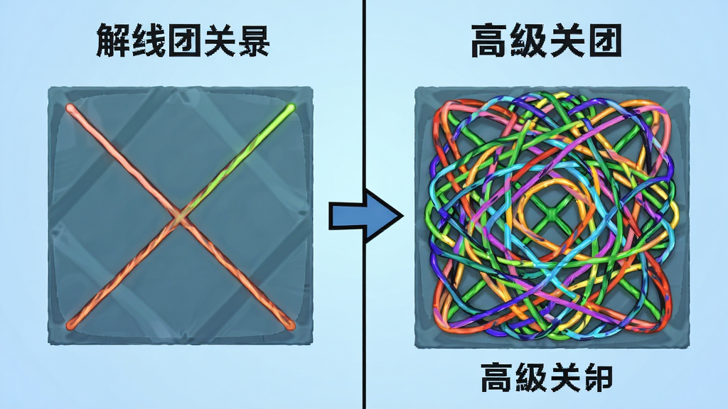 画面分割为左右两部分,左侧是解线团游戏的初级关卡,只有两条线条简单交叉,右侧是高级关卡,有十几条彩色线条复杂缠绕成网状,中间用箭头连接表示难度递进,背景为淡蓝色渐变,布局为左右对比式,风格为信息图表与游戏截图结合,细节上每条线条颜色清晰可辨,画质高清,画面干净,无多余元素