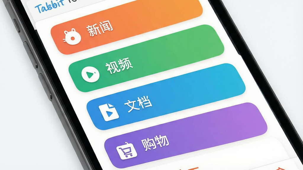 一张表现Tabbit智能标签分组功能的示意图,画面主体为手机屏幕,屏幕上显示多个彩色标签分组卡片,分别标注「新闻」「视频」「文档」「购物」等字样,布局为上下排列的卡片列表,排版清晰,风格为清爽的扁平化UI风格,细节包含标签颜色区分、卡片圆角、简约图标,画质高清,干净,无多余元素