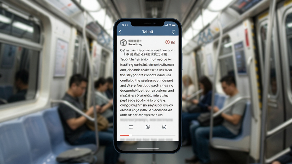 一张展示Tabbit离线阅读模式的场景图,画面主体为手机屏幕显示一篇排版干净的离线文章,背景为地铁车厢环境,布局为手机居中、背景虚化,排版突出阅读界面,风格为写实与扁平结合,细节包含文章正文、进度条、离线图标,画质高清,干净,无多余元素