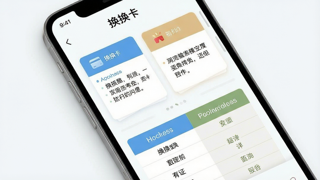 一张手机应用界面展示图,画面中“换换卡”软件的知识科普页面,包含问答卡片和对比表格,布局为上下滑动的内容流,风格清新浅色,细节丰富,高清画质,干净无多余元素