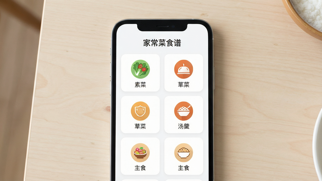 主体是手机屏幕展示家常菜食谱软件的分类界面,布局为手机居中放置,排版上软件名称“家常菜食谱”显示在手机屏幕顶部,风格为现代简约的UI展示风格,细节包括素菜、荤菜、汤羹、主食等分类图标清晰可见,背景为浅色桌面,画面干净无多余元素,画质清晰锐利
